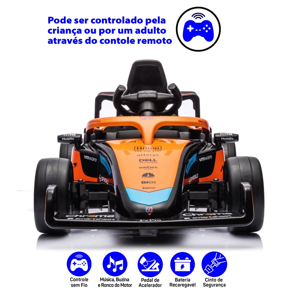 Carro Elétrico Infantil com Controle Remoto 12v Fórmula 1 Mclaren Laranja Sons de Corrida e Carregad - 2