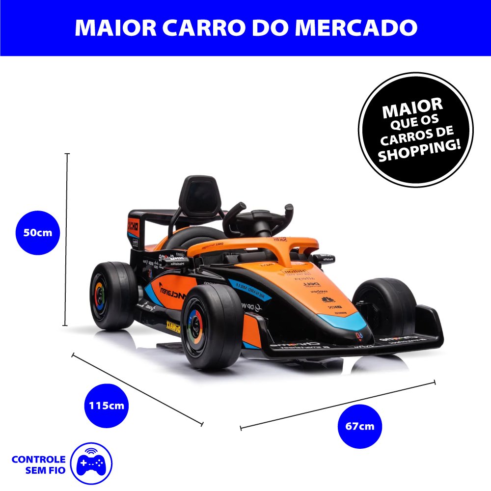 Carro Elétrico Infantil com Controle Remoto 12v Fórmula 1 Mclaren Laranja Sons de Corrida e Carregad - 6