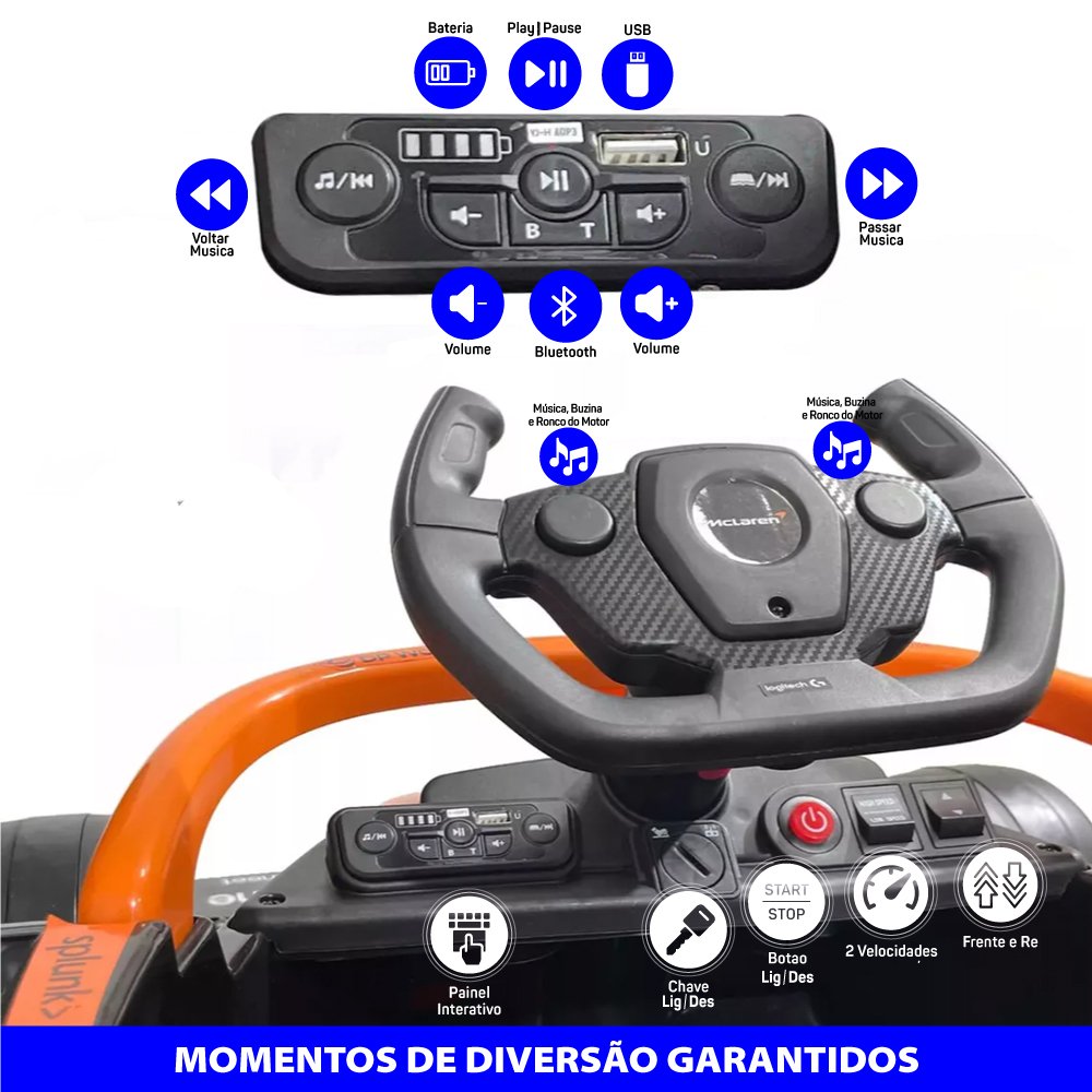 Carro Elétrico Infantil com Controle Remoto 12v Fórmula 1 Mclaren Laranja Sons de Corrida e Carregad - 3