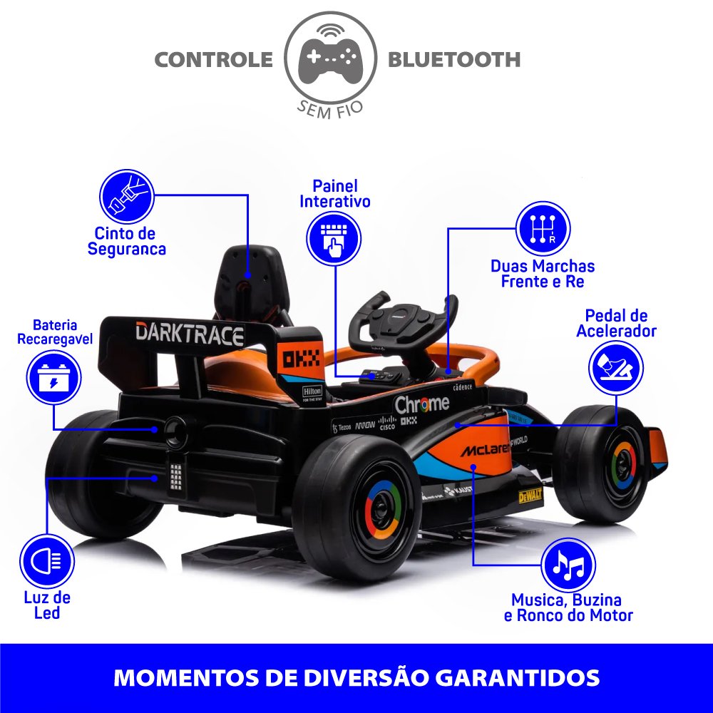 Carro Elétrico Infantil com Controle Remoto 12v Fórmula 1 Mclaren Laranja Sons de Corrida e Carregad - 4