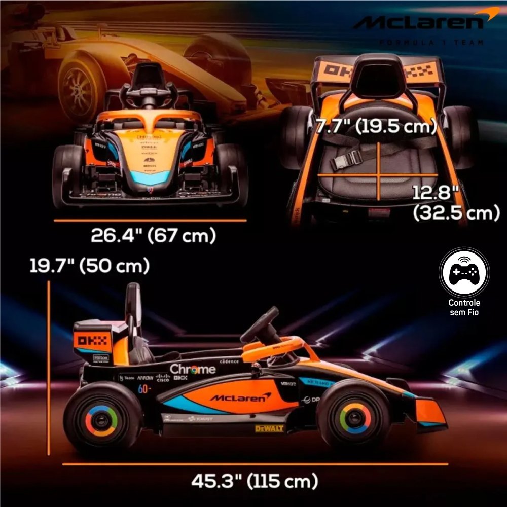 Carro Elétrico Infantil com Controle Remoto 12v Fórmula 1 Mclaren Laranja Sons de Corrida e Carregad - 5