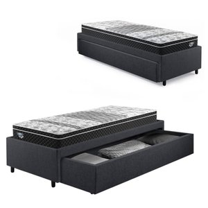 Base Box Cama Solteiro Sapateira Linho Cinza e Colchão Gransleep Ecoflex 88x188