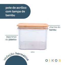 Kit 3 Pote Hermético Acrílico Transparente Tampa Bambu 650ml - 3