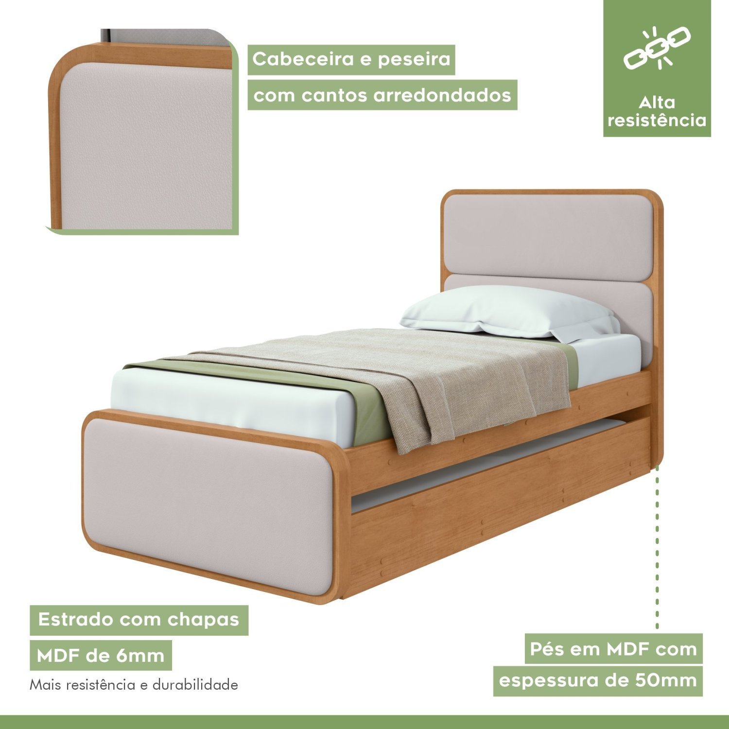 Cama Solteiro Loop Tecido Corano com Cama Auxiliar - 6