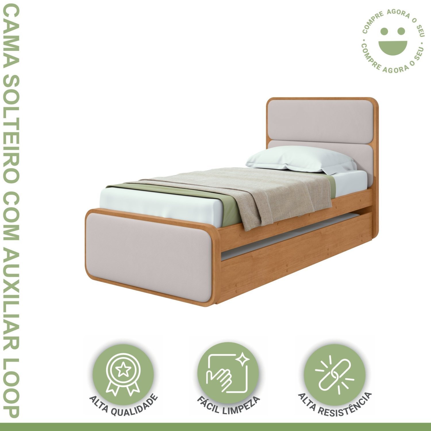 Cama Solteiro Loop Tecido Corano com Cama Auxiliar - 9