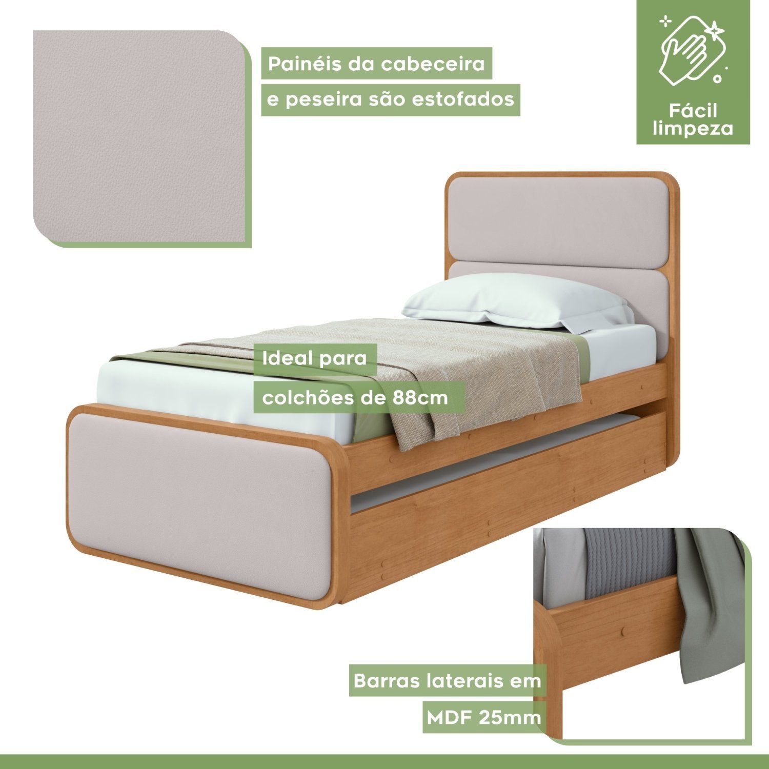 Cama Solteiro Loop Tecido Corano com Cama Auxiliar - 8