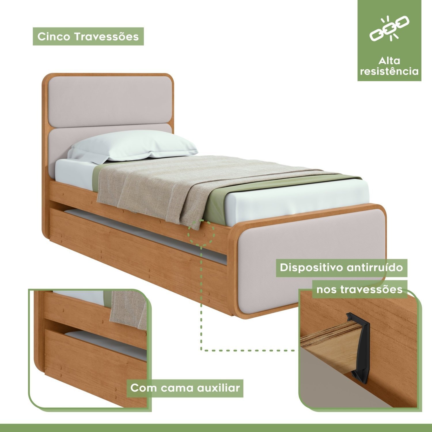 Cama Solteiro Loop Tecido Corano com Cama Auxiliar - 5