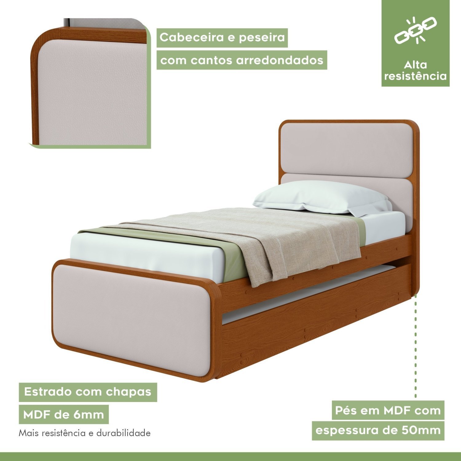 Cama Solteiro Loop Tecido Corano com Cama Auxiliar - 6