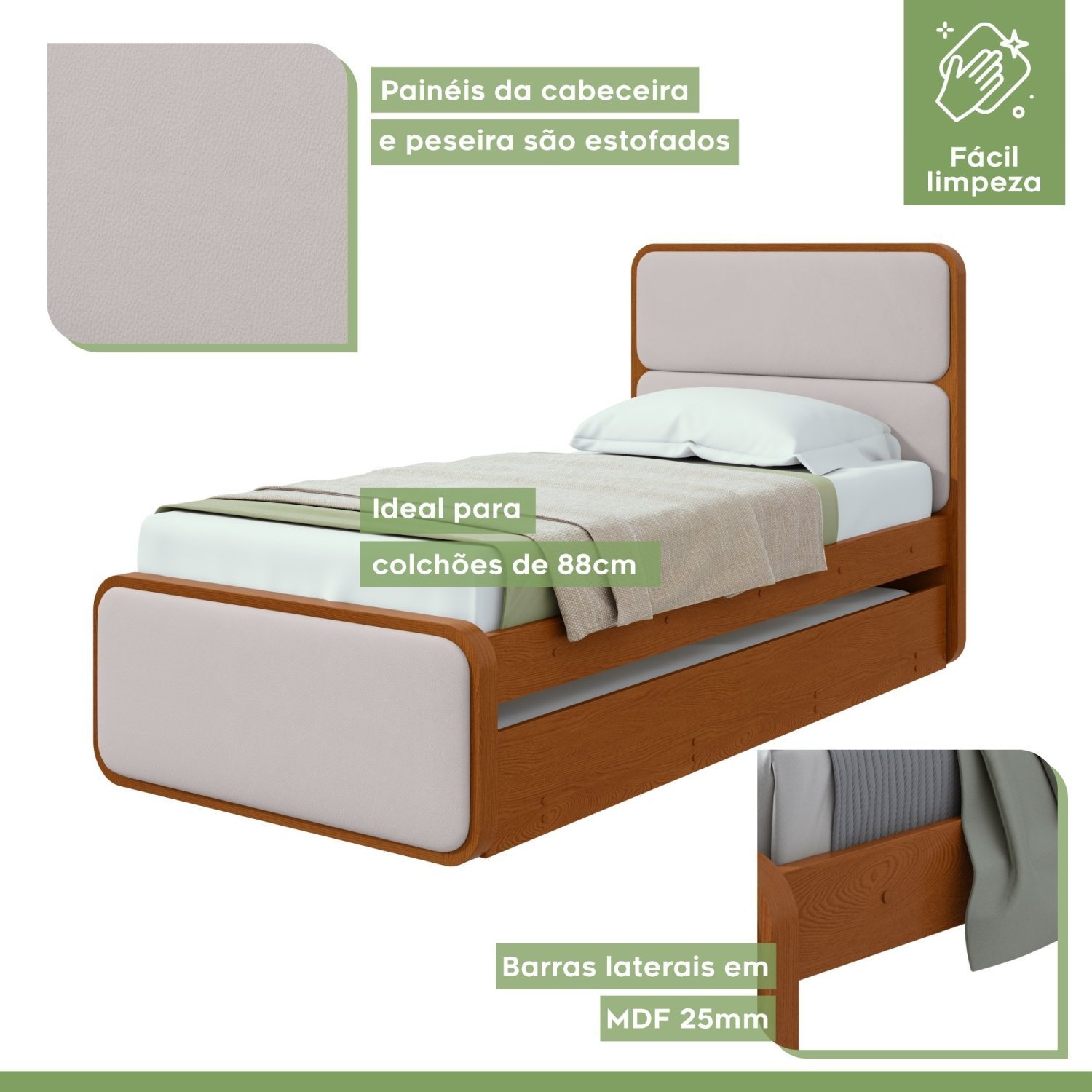 Cama Solteiro Loop Tecido Corano com Cama Auxiliar - 8