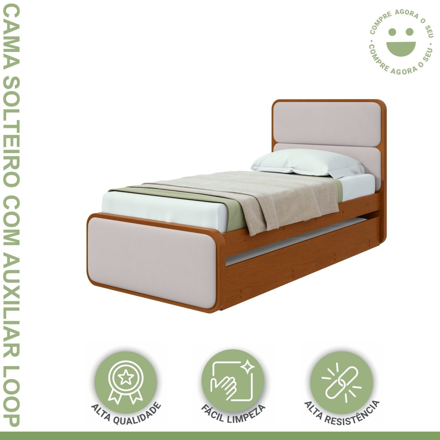 Cama Solteiro Loop Tecido Corano com Cama Auxiliar - 9