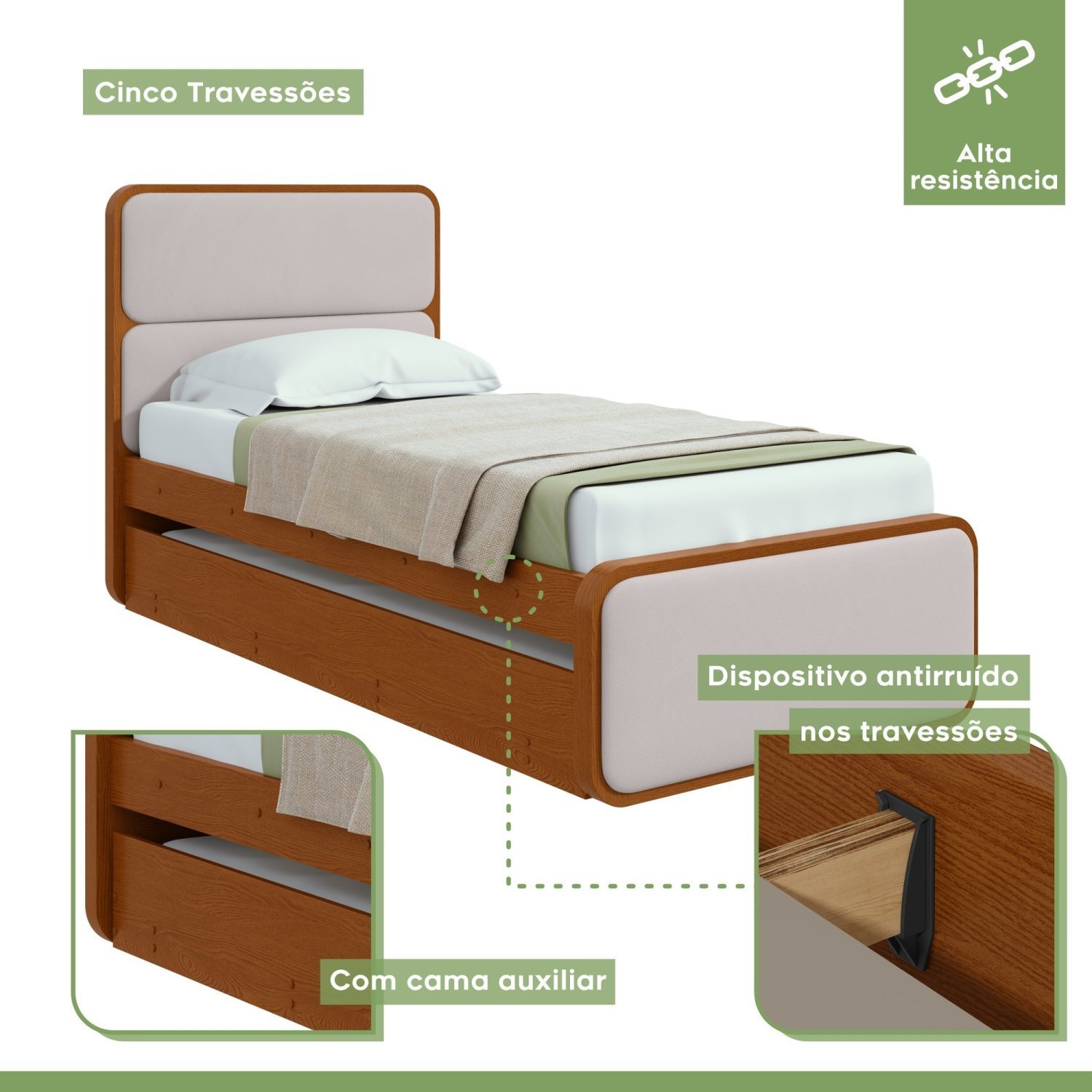 Cama Solteiro Loop Tecido Corano com Cama Auxiliar - 5