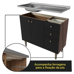 Balcão Gabinete com Pia 3 Portas e 1 Gaveta 105cm Rustic/preto Gourmet Madesa - 10