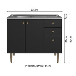 Balcão Gabinete com Pia 3 Portas e 1 Gaveta 105cm Rustic/preto Gourmet Madesa - 3