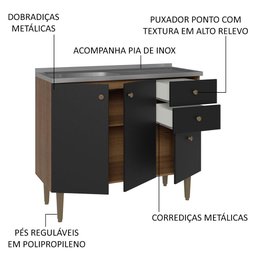 Balcão Gabinete com Pia 3 Portas e 1 Gaveta 105cm Rustic/preto Gourmet Madesa - 4
