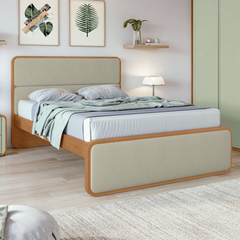 Cama de Casal Cabeceira Estampada Madeira Loop 151cm Amêndoa Clean Sálvia