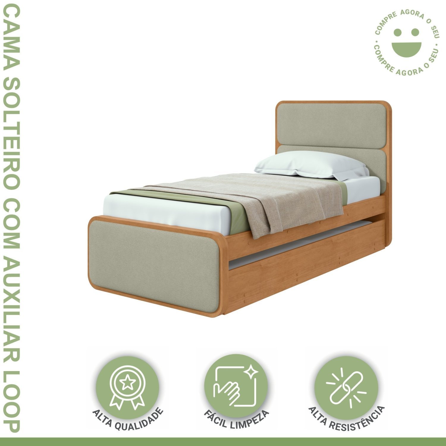 Cama Solteiro Loop Tecido Boucle com Cama Auxiliar - 9