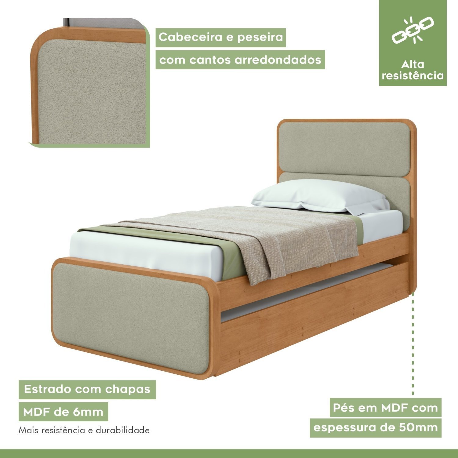 Cama Solteiro Loop Tecido Boucle com Cama Auxiliar - 6