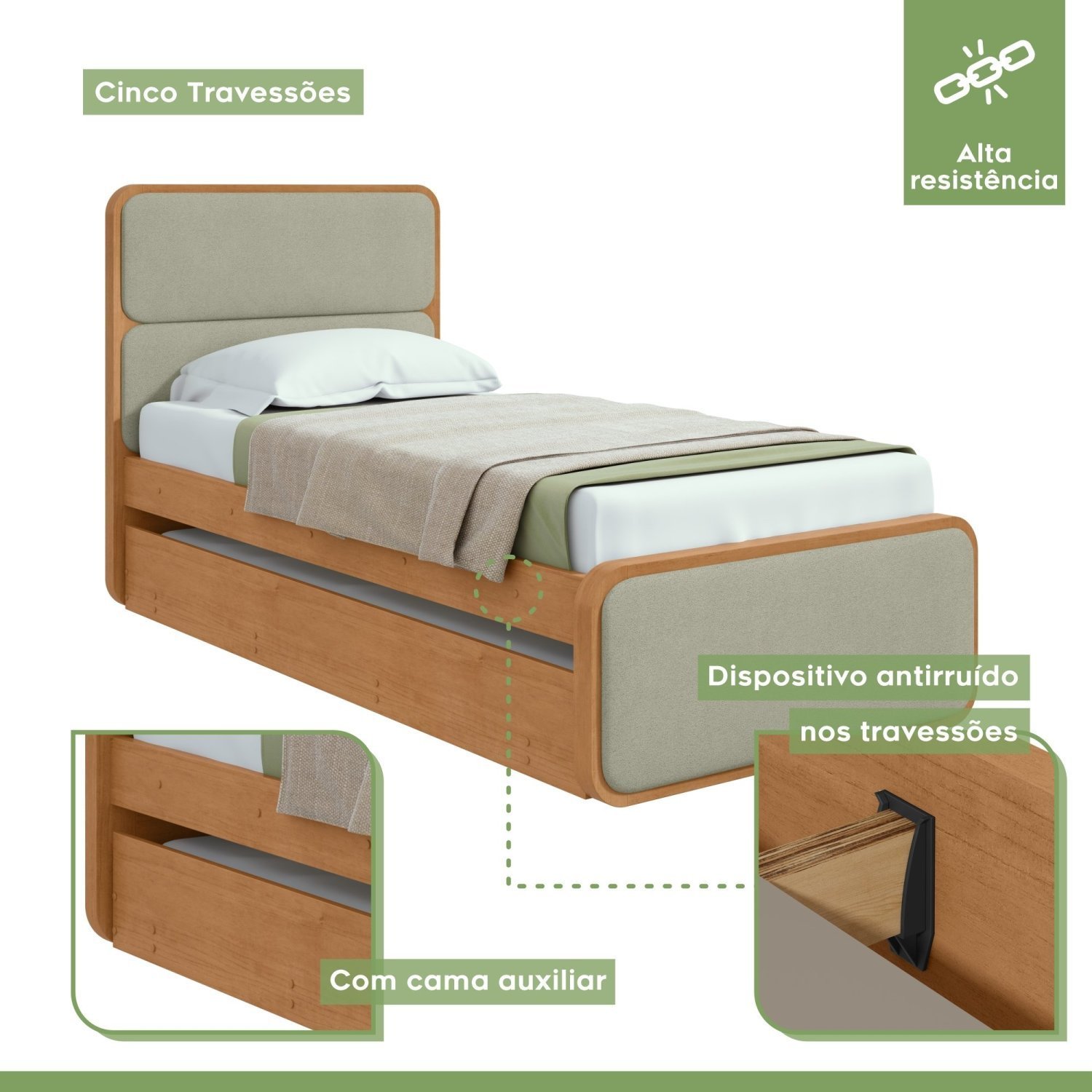 Cama Solteiro Loop Tecido Boucle com Cama Auxiliar - 5