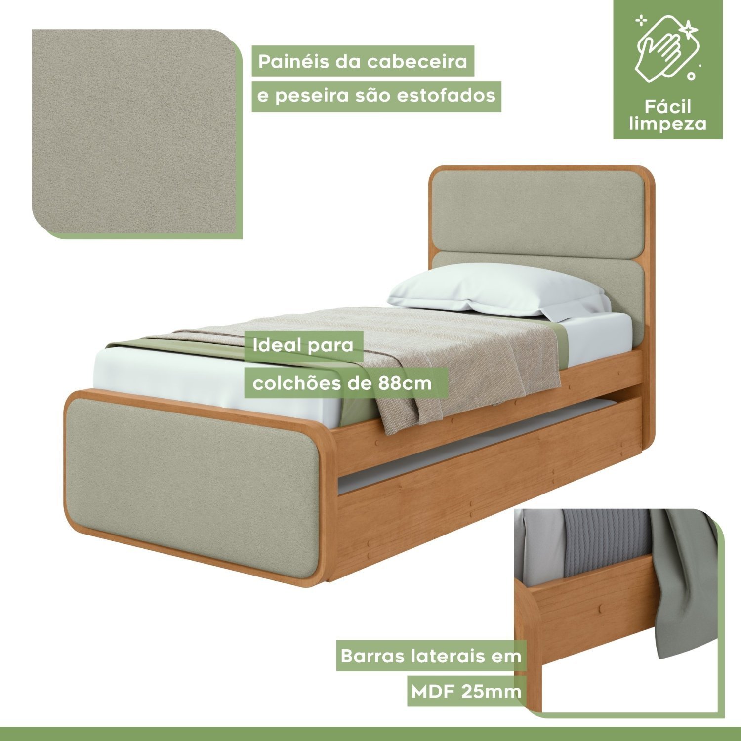 Cama Solteiro Loop Tecido Boucle com Cama Auxiliar - 8