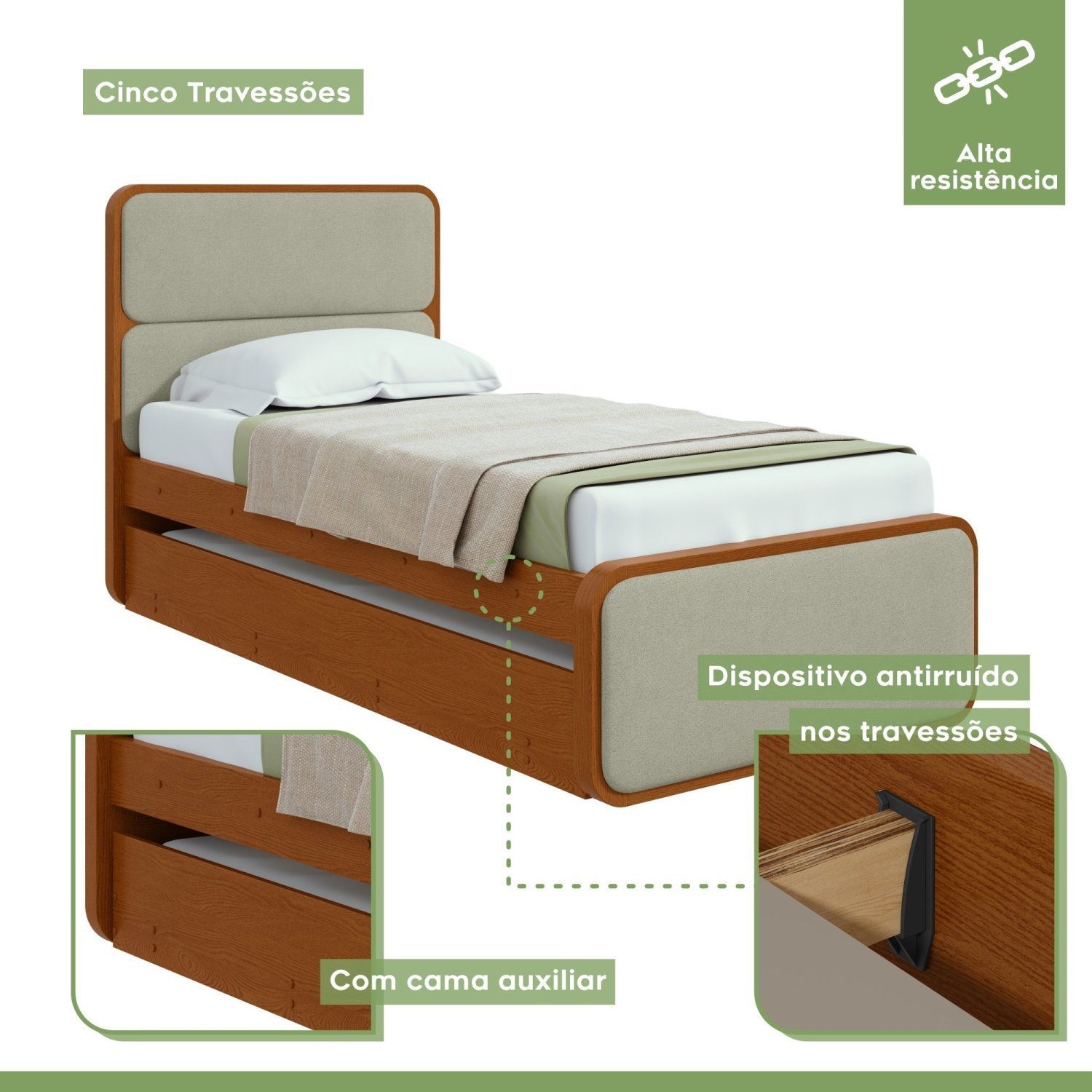 Cama Solteiro Loop Tecido Boucle com Cama Auxiliar - 5