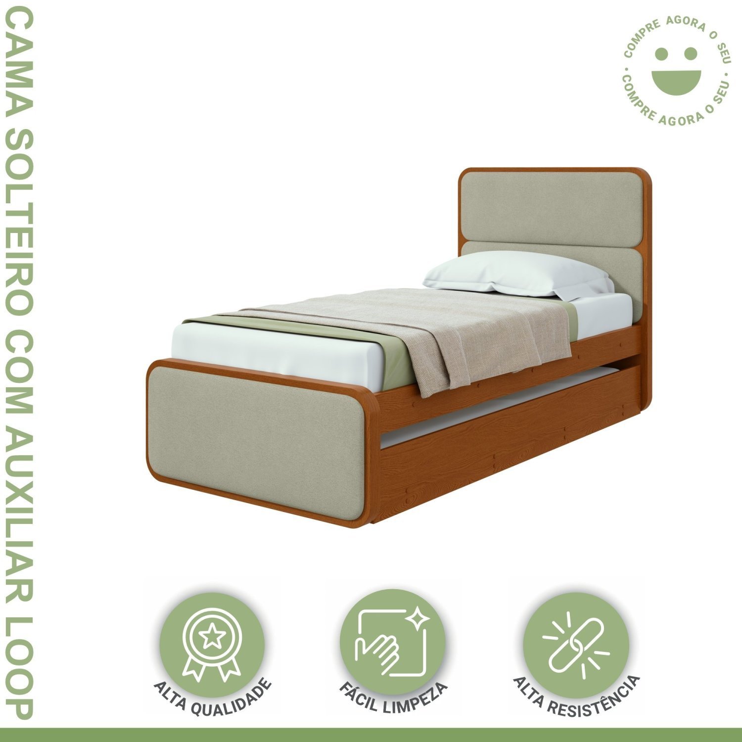 Cama Solteiro Loop Tecido Boucle com Cama Auxiliar - 9