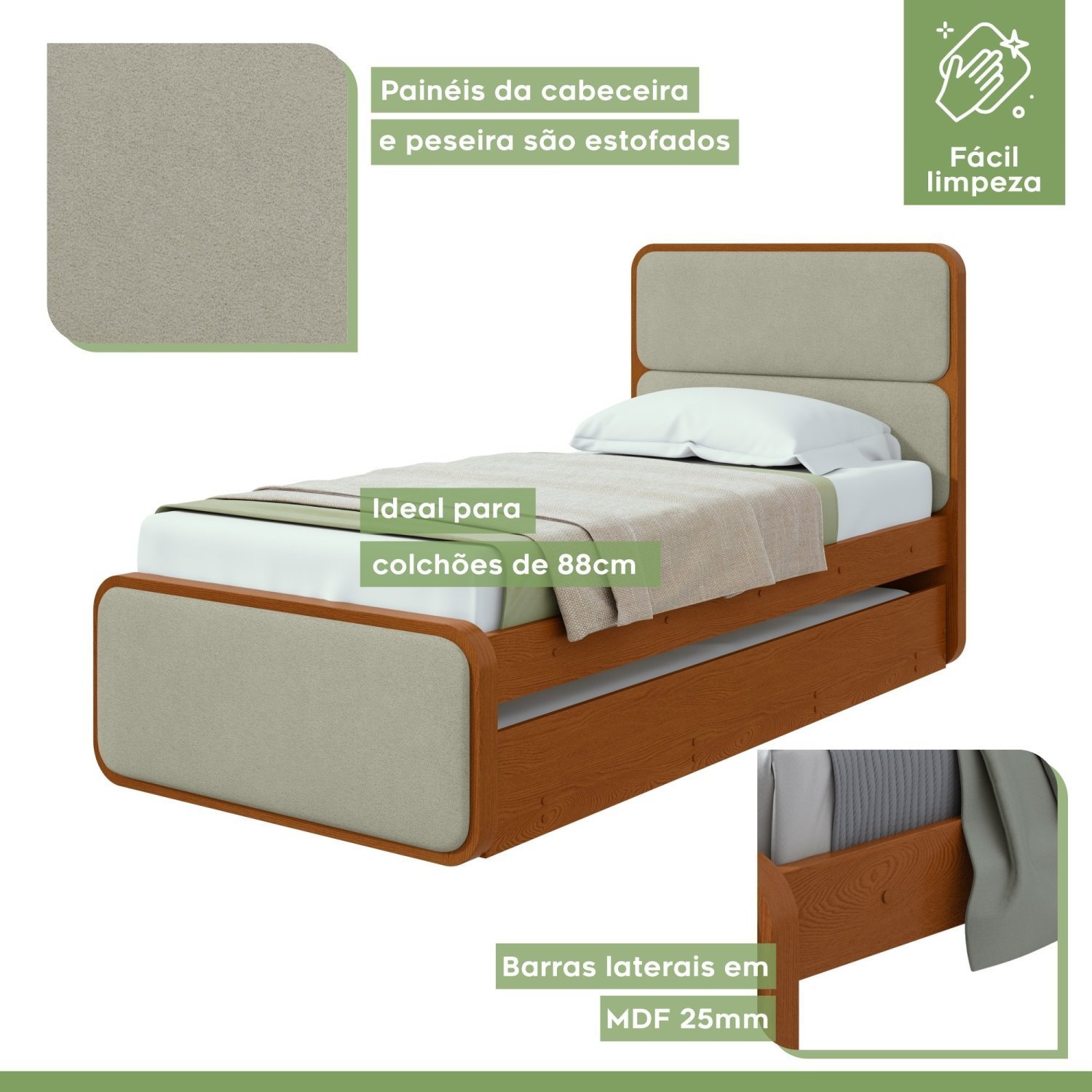 Cama Solteiro Loop Tecido Boucle com Cama Auxiliar - 8