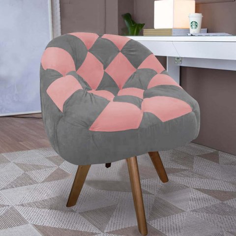 Poltrona Paloma Escritório Sala Giratória Madeira Suede Cinza e Suede Rose - Dominic Decor