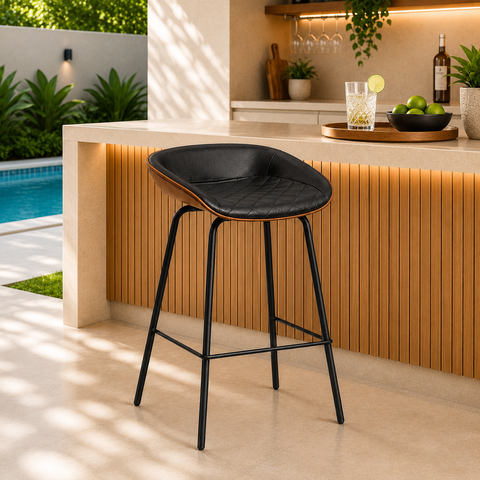 Banqueta Média Leather 65 cm Estrutura em Aço Assento em Courissimo Preta com Marrom - Edecasamoveis