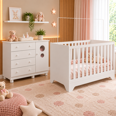 Kit Berço Popy Cômoda Bolinha Peroba Branco Quarto Infantil
