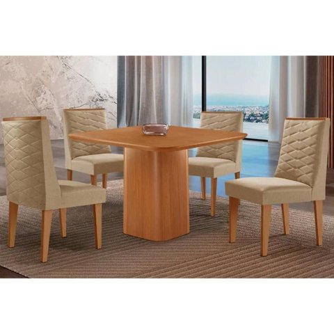 Sala de Jantar Completa Maldivas C/ Tampo Madeirado Canto Curvo 90x90cm e 4 Cadeiras Dafne Naturale