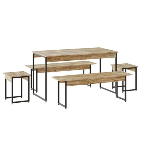 Mesa de Jantar com 2 Bancos e 2 Banquetas Industrial Tub Carvalho / Est.preta