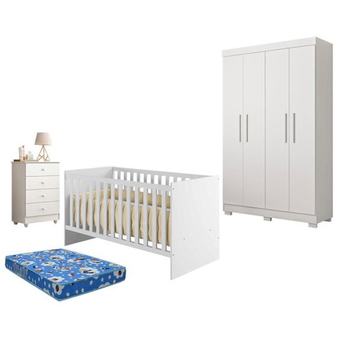 Guarda Roupa Florida com Gaveteiro Soft e Berço Americano Soft Branco Acetinado Colchão Ortobom - Ti