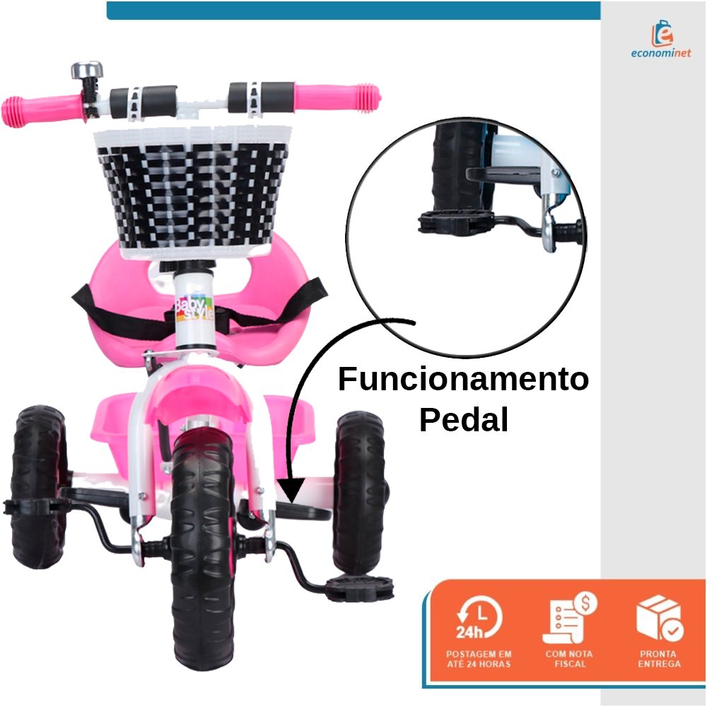 Triciclo Infantil com Empurrador Crianças 3 Rodas Pedal Flex Rosa - Baby Style - 3