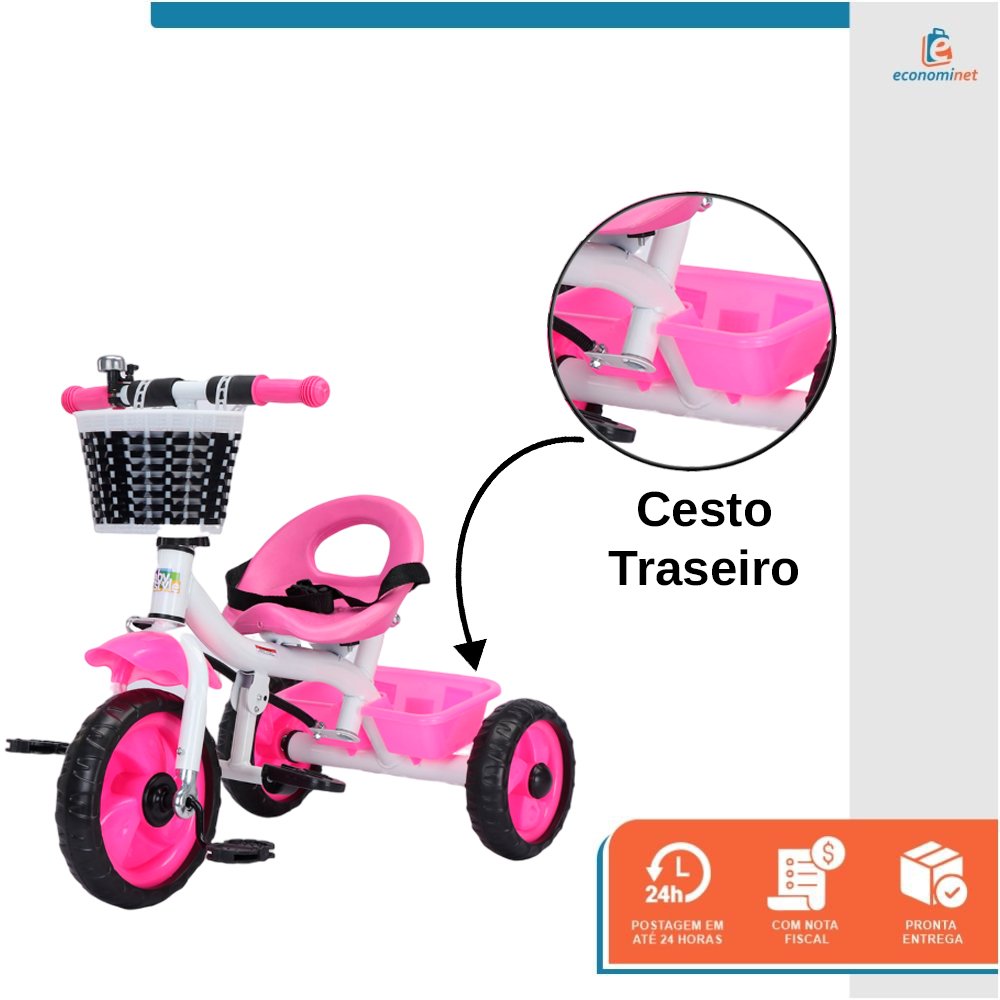 Triciclo Infantil com Empurrador Crianças 3 Rodas Pedal Flex Rosa - Baby Style - 5