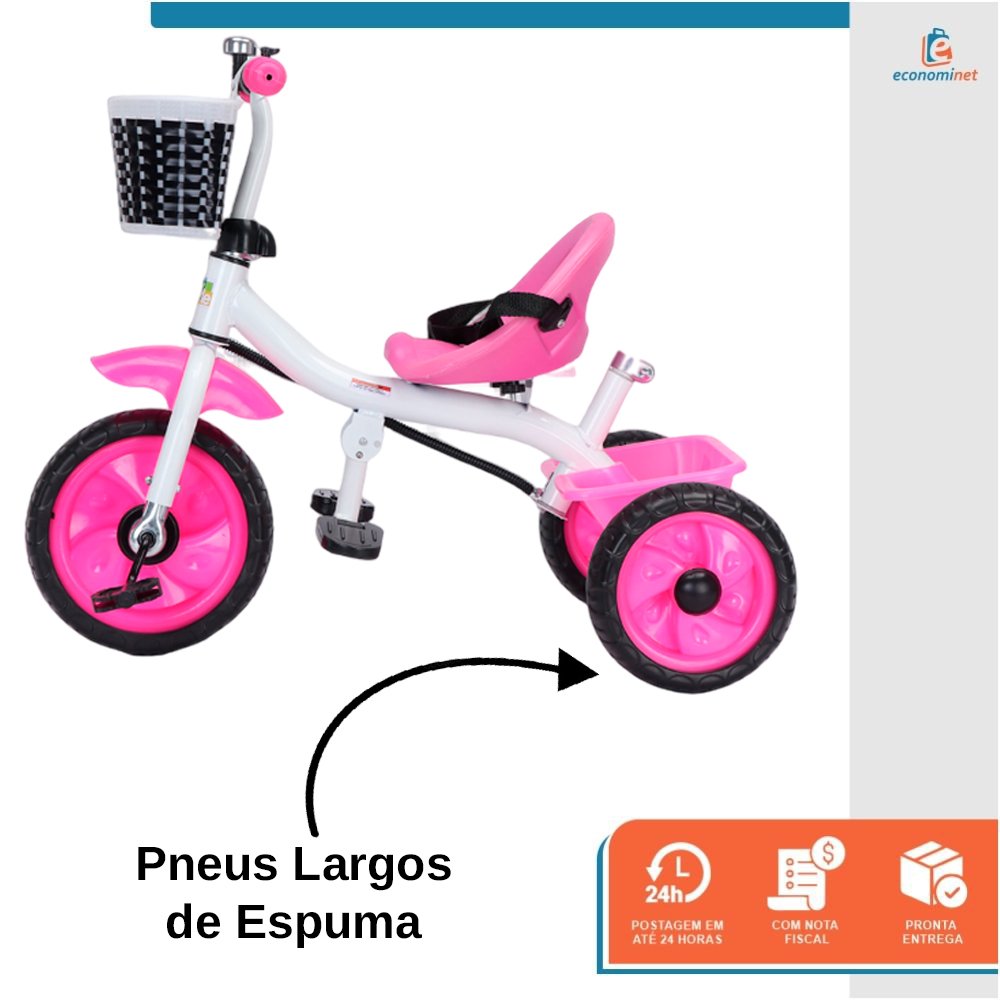 Triciclo Infantil com Empurrador Crianças 3 Rodas Pedal Flex Rosa - Baby Style - 6