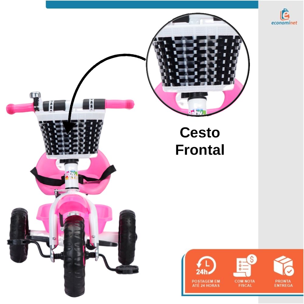 Triciclo Infantil com Empurrador Crianças 3 Rodas Pedal Flex Rosa - Baby Style - 7