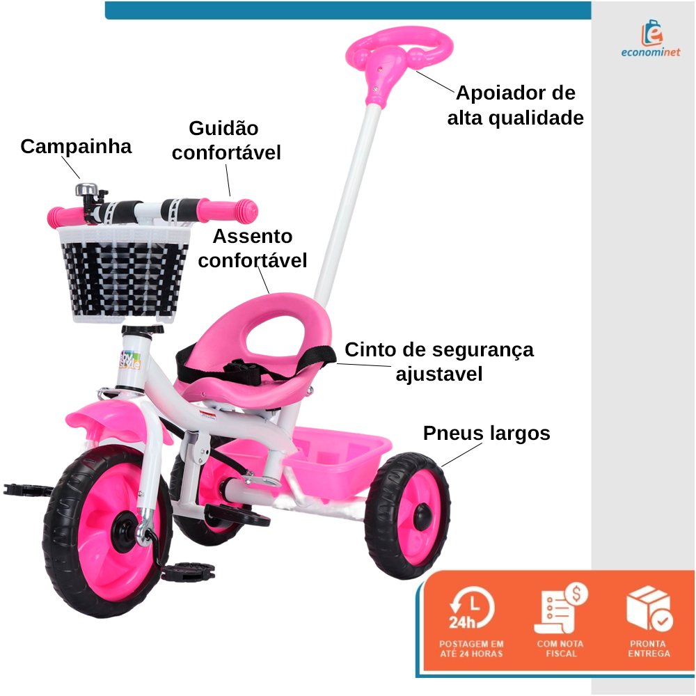 Triciclo Infantil com Empurrador Crianças 3 Rodas Pedal Flex Rosa - Baby Style - 4