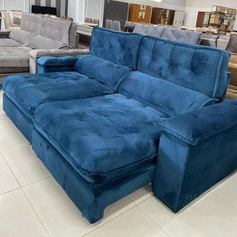 Sofá com Chaise Girona 5 Lugares Retrátil e Reclinável 290cm Azul Veludo Luxo