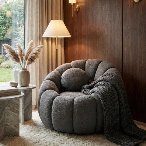 Poltrona Decorativa Concha C/almofada Boucle Cinza Escuro Abobora - Montanaris Decor