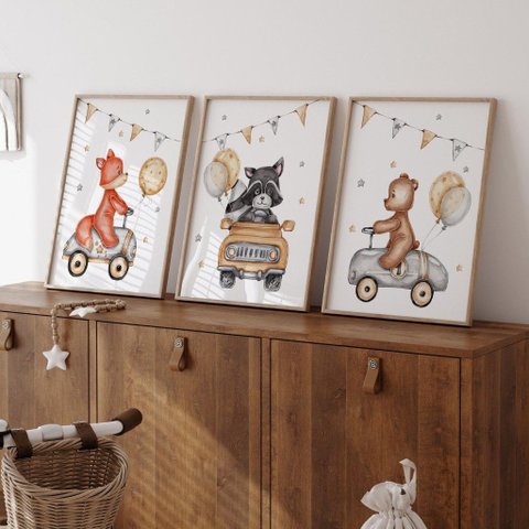 Kit 3 Quadros Decorativos Infantil - Passeio da Diversao NO2 - 40x60 - Moldura Madeira