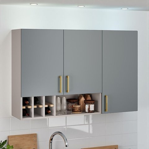 Armário de Cozinha 3 Portas 120cm Nicho Garrafeiro 100% MDF Dobradiças Slow Motion Essence Itatiaia Cinza/Fendi/Gris