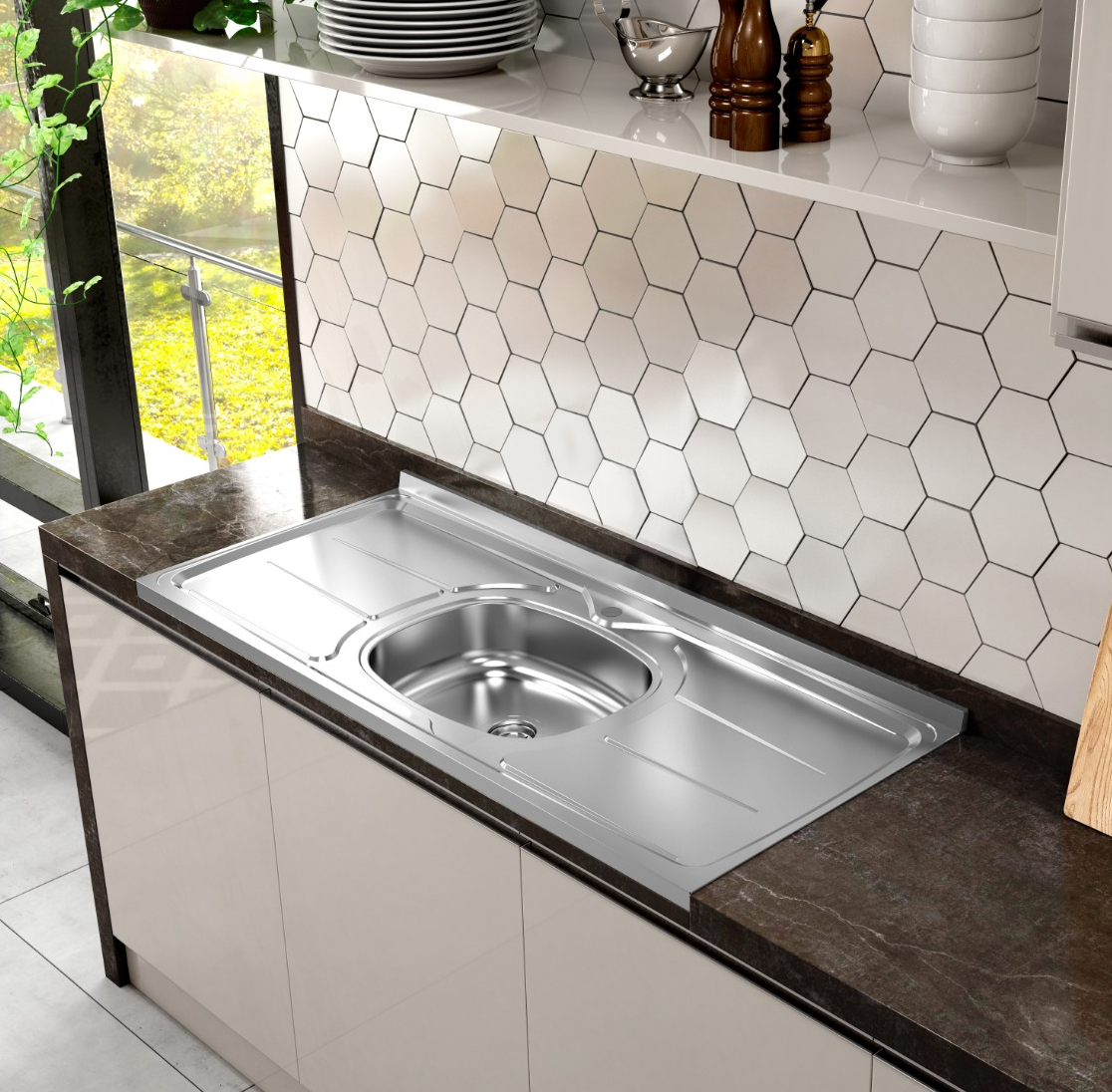 Pia de Cozinha em Aço Inox de 200cmx56cm Concretada com Válvula Inox 3.1/2 Pino Plus 30 - 1