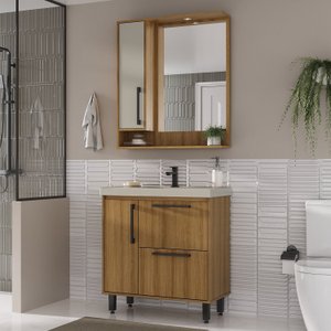 Armário Conjunto de Banheiro com Gabinete, Cuba e Espelheira 2 Portas e 1 gaveta com Led na Espelheira 80 cm