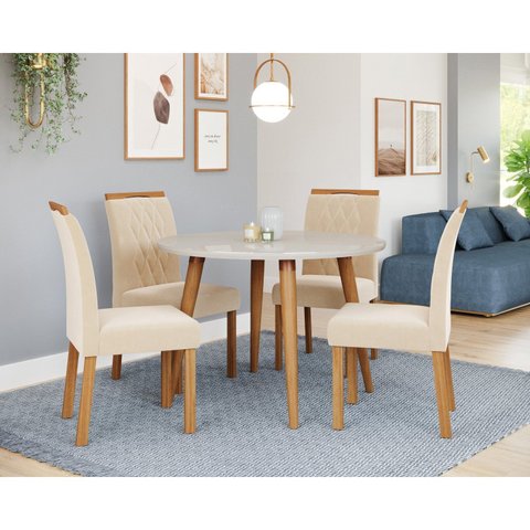 Sala de Jantar Dani com Vidro 109cm com 4 Cadeiras Juliana Wood Marrom/Madeira/Off White/Nude