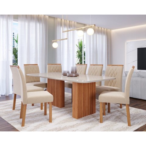 Conjunto Sala de Jantar 8 Lugares Retangular Tampo de Vidro/MDF Ester Cadeiras Juliana Marrom/Cinamo