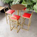 Ver imagem 1 de Jogo Mesa Alta Bistrô Redonda Imbuia 4 Banquetas Estofado Confort Industrial Dourado Don Castro Deco