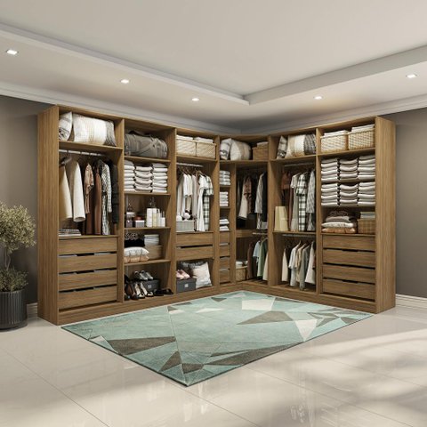 Closet Casal Modulado Adpat em L 14 Gavetas 5 Peças 342cm x 263cm Nogueira - Kappesberg