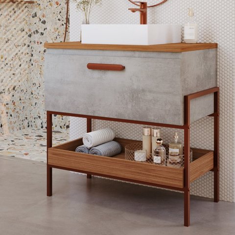 Gabinete para Banheiro com Cuba Hana Espresso Móveis Cinza/Cimento