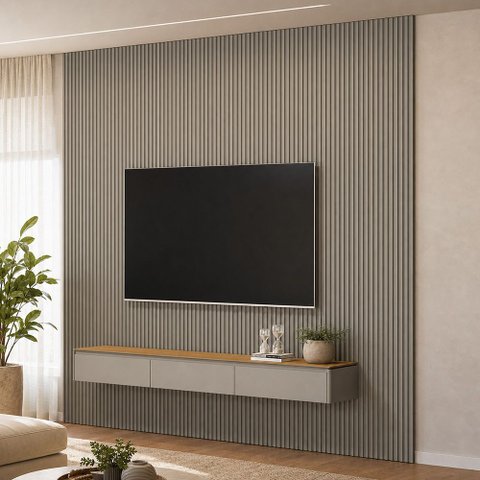 Painel Ripado para TV 85 pol com Bancada Suspensa Orgânica 297cm Slats L05 Tauari Gris Fosco - Lyam 