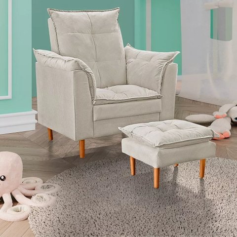 Poltrona Decorativa + Mini Puff Opala Tecido Suede Bege - Fri Varejo